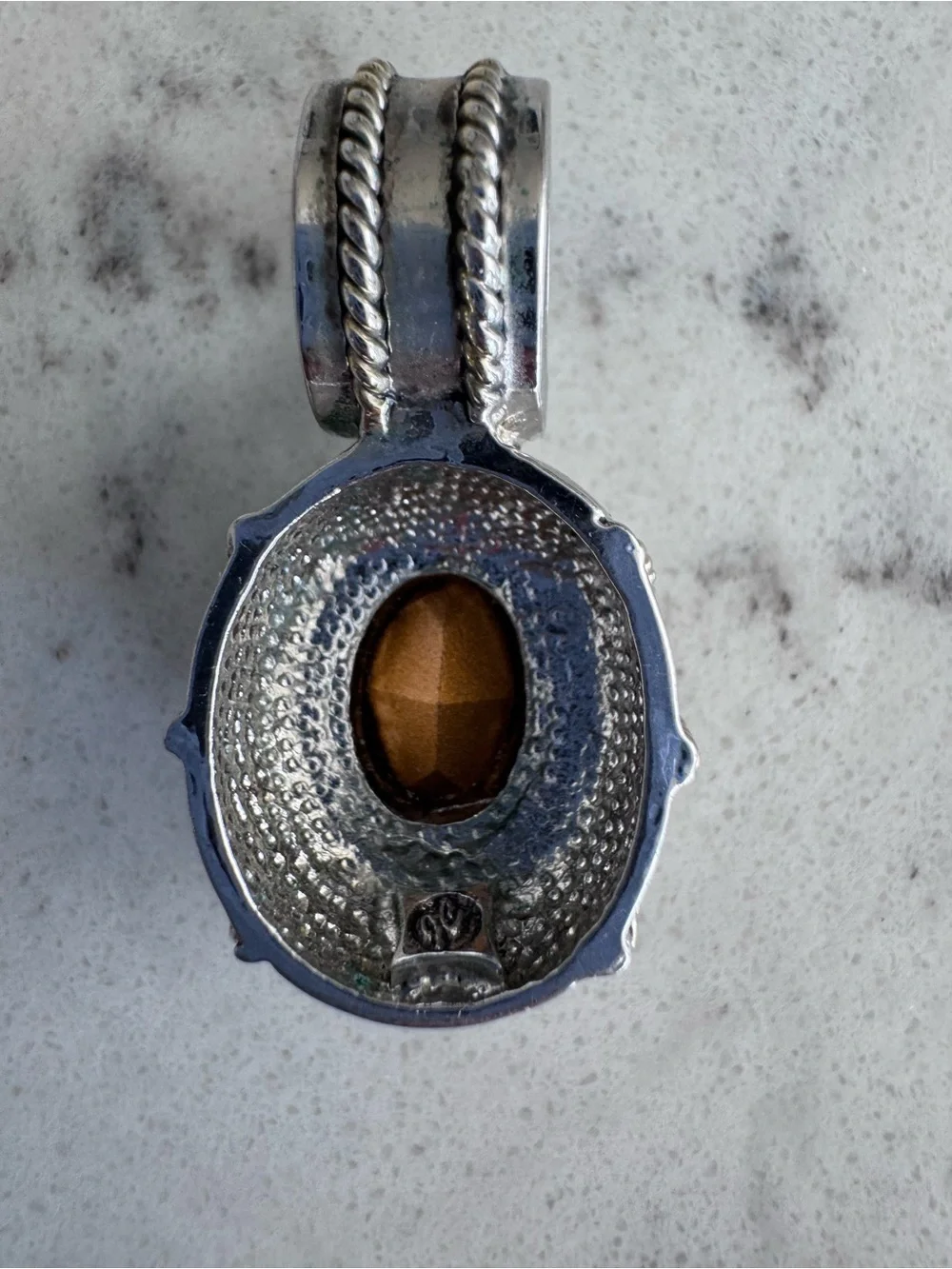 Vintage! Large Silver-Tone Pendant with Faceted Green Crystal and Cable Braids